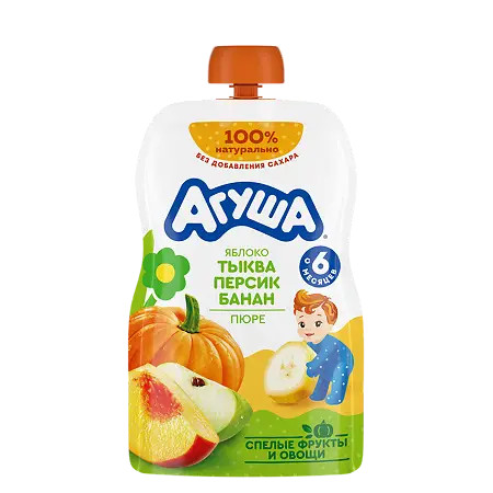 Püre uşaqlar üçün Агуша Alma, Balqabaq, Şaftalı və Banan, 90 q, 6 aydan