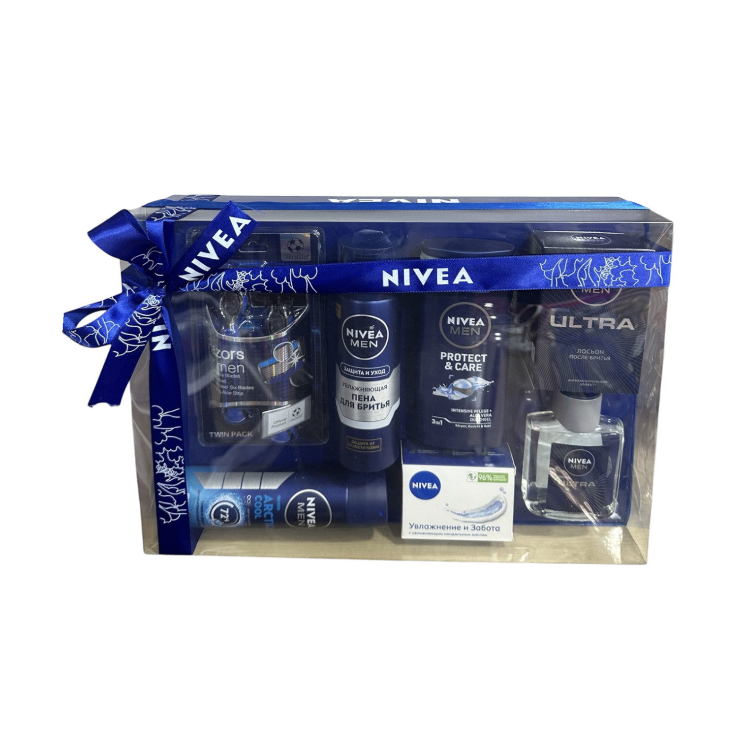 Üz və bədən üçün kosmetika dəsti kişilər üçün (Ülgüc Twin Pack 2 əd + Təraş köpüyü 200 ml + duş geli 3-1-də Protect&Care 250 ml + dezodorant 48 saat qoruma 150 ml + təraş sonrası losyon Ultra 100 ml +