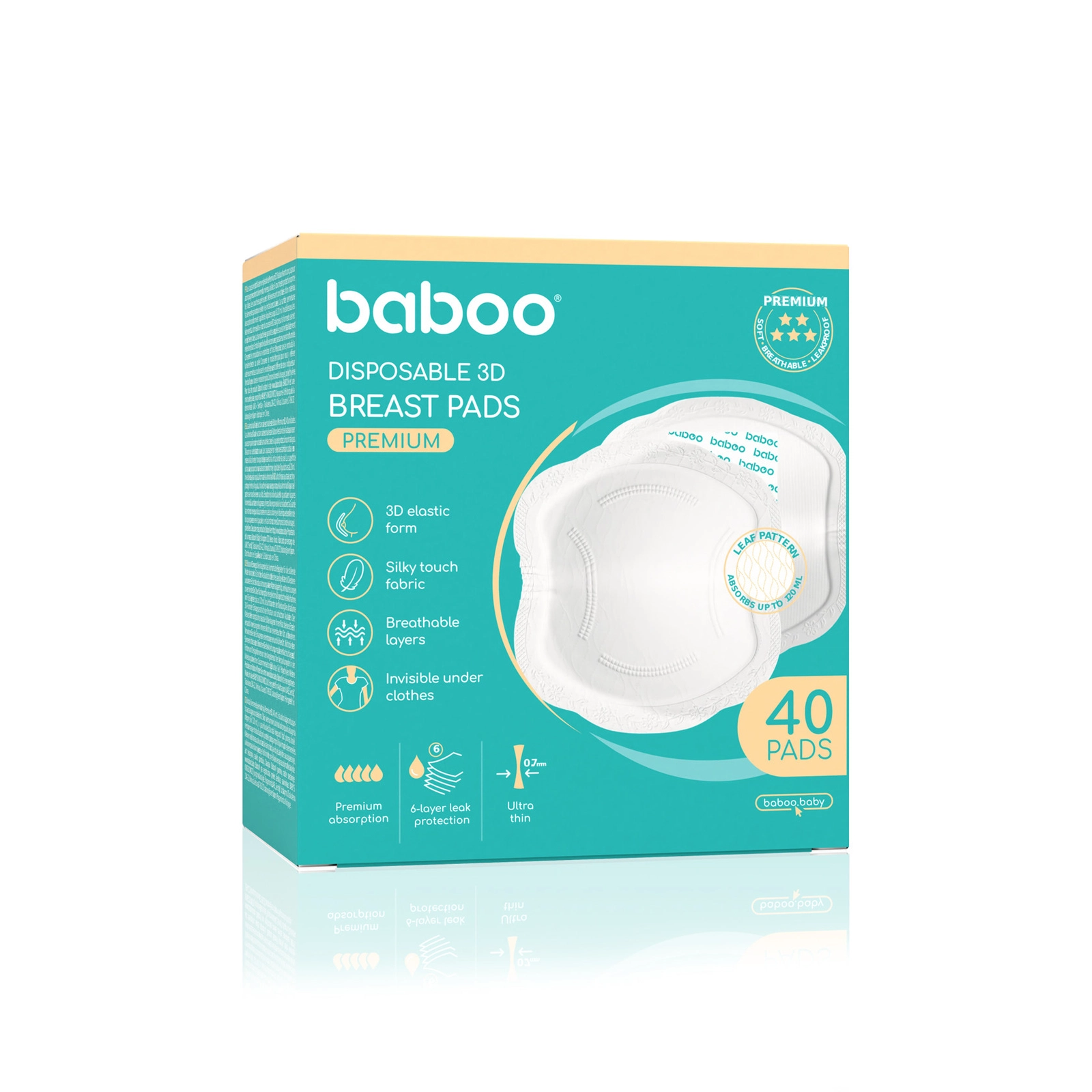 Yedizdirmək üçün taxma Baboo Premium, 40 əd, 6 qatlı qoruma, 120 ml‑yə qədər süd udma qabiliyyəti, 0.7 mm qalınlıq- 85691