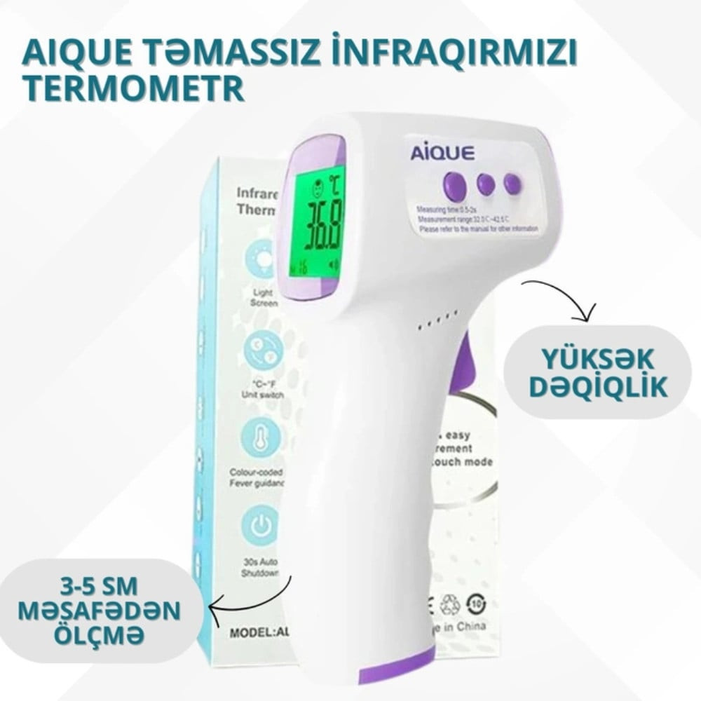 İnfraqırmızı rəqəmsal termometr Aique, kontaktsız, rəngli ekranlı - prm_trm10002