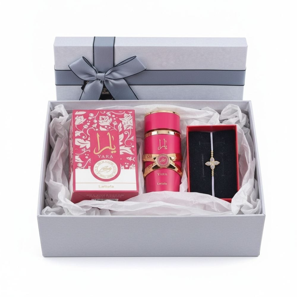 Hədiyyə dəsti qadınlar üçün (Lattafa Yara Candy ətir suyu 100 ml + qolbaq 6 qızıl muncuqlarla 585 əyar 1 q)