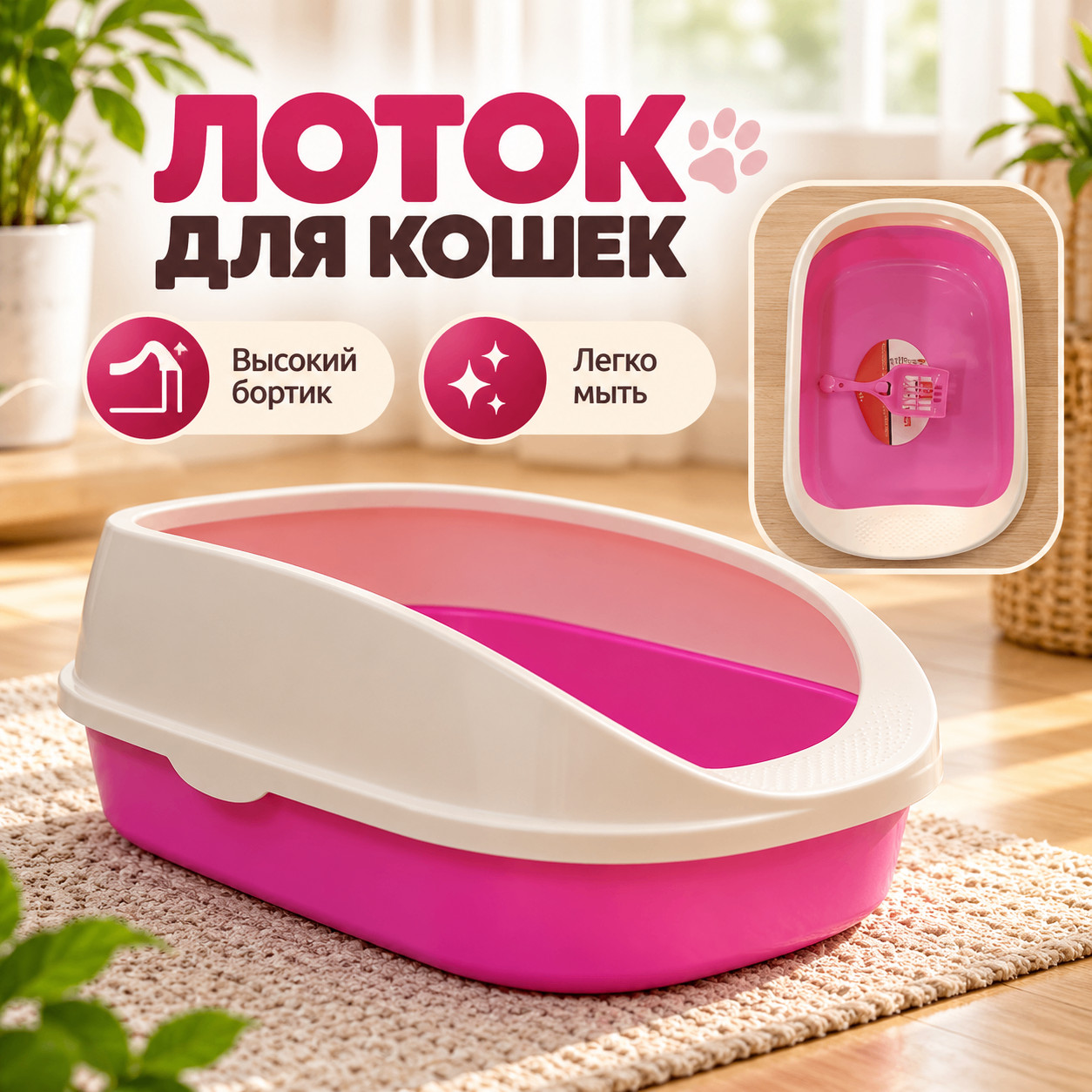 Tualet-lotok pişiklər üçün, plastik, çəhrayı, 50х35х22 sm