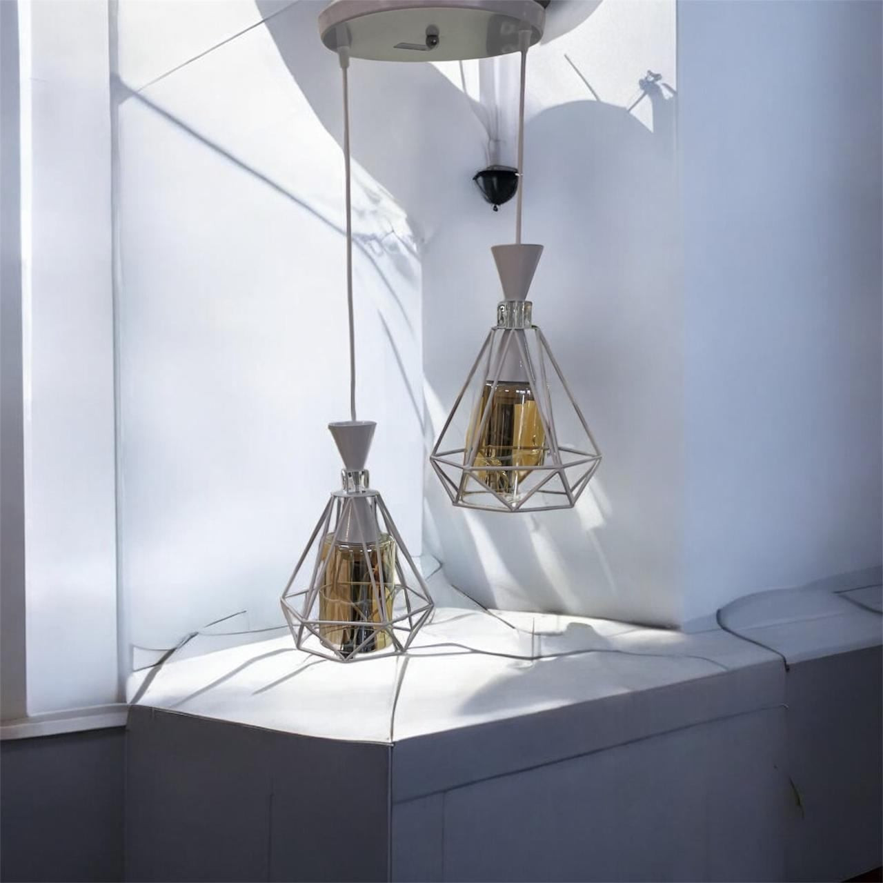 Tavan və asma çıraq Çilçıraq, 2 lampa, dəmir-keramika, şüşə plafon, ağ rəng, sallama model, 220 V, işıqlandırma məsafəsi 10-15 kv.m, ölçü 25x65 sm - MBL-6331-4-5456