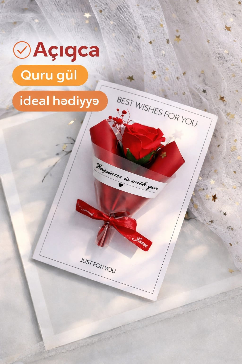 Açıqca Just for You_2 quru gül buketi ilə, qırmızı