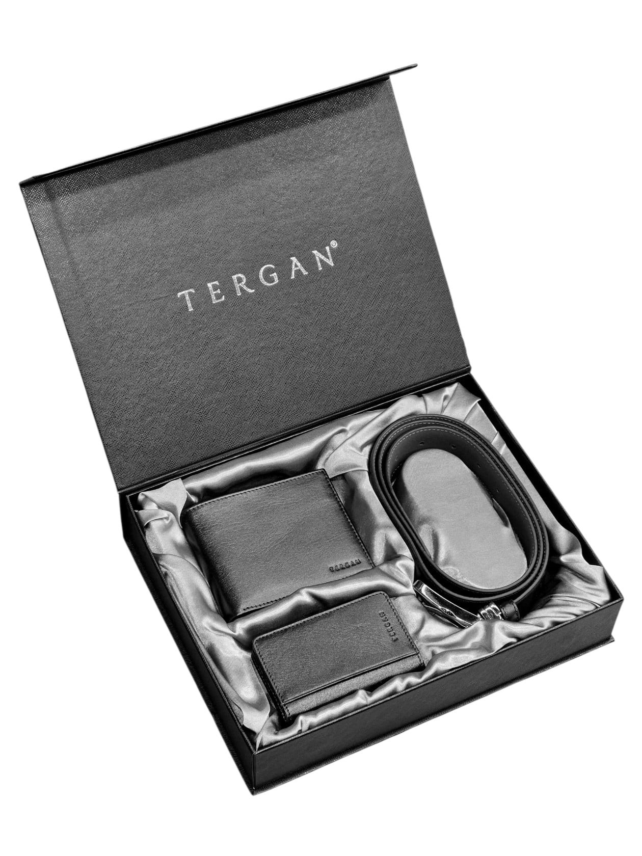 Kişilər üçün hədiyyə dəsti, təbii dəridən, qara, pul qabı 11x9 sm, Türkiyə istehsalı, hədiyyəlik karton paket - Tergan_6787_Set-3_Black