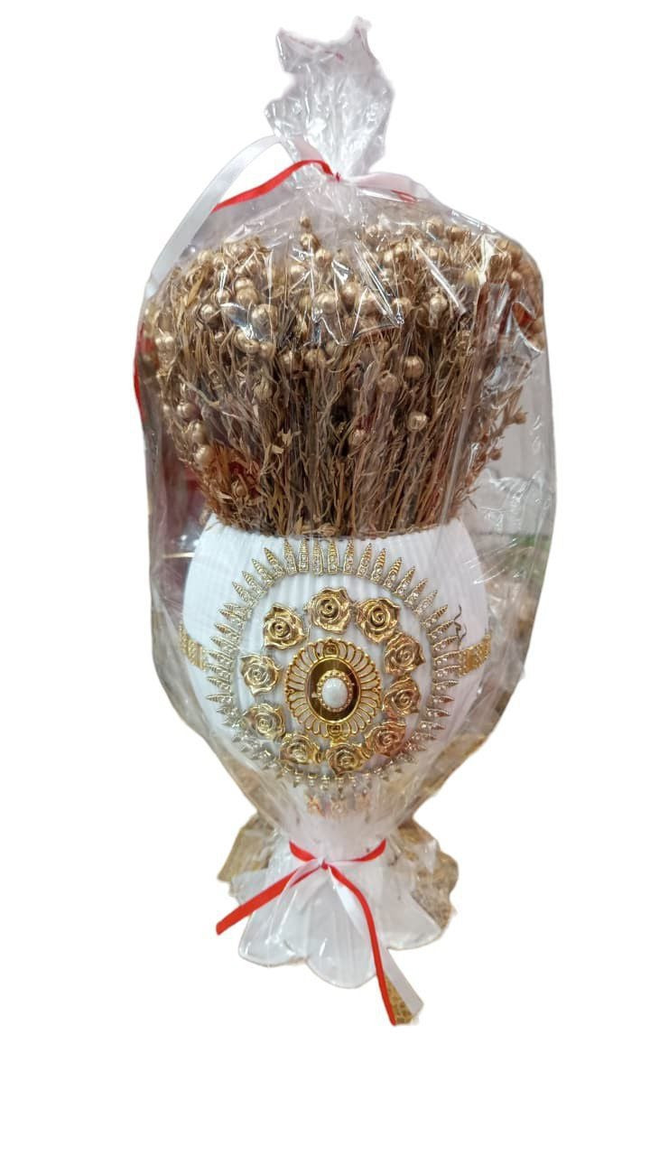 Toy üçün dekorativ üzərlik dəsti, ağ güldanda, ağ-qızılı, şüşə və çiçək - BNE - 1905