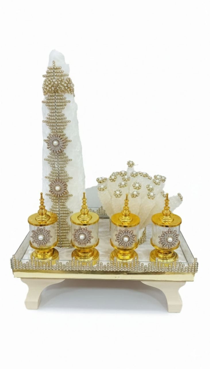 Dekorativ xonça dəsti, ağ və qızılı rəng, şüşə, metal, kristal, toy və nişan üçün - BNE - 1922