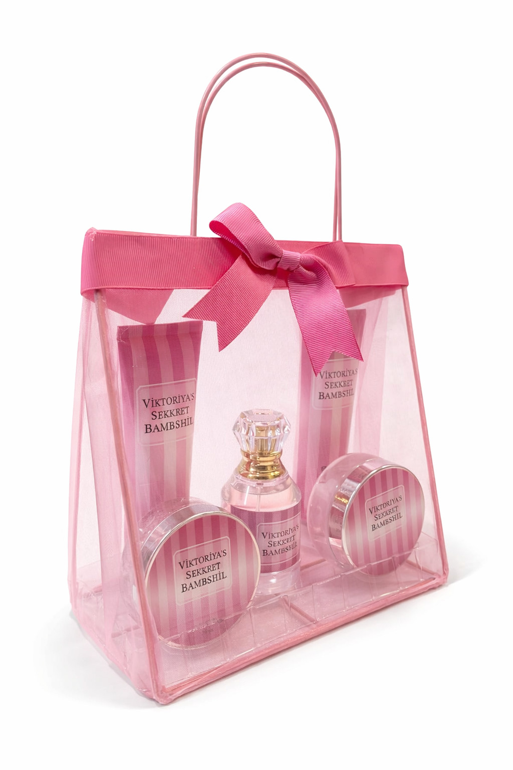 Qadınlar üçün kosmetika hədiyyə dəsti Bambshil Pink (şampun 100 ml + duş geli 100 ml + bədən üçün skrab 50 ml + bədən üçün losyon 50 ml + ətir suyu 80 ml)
