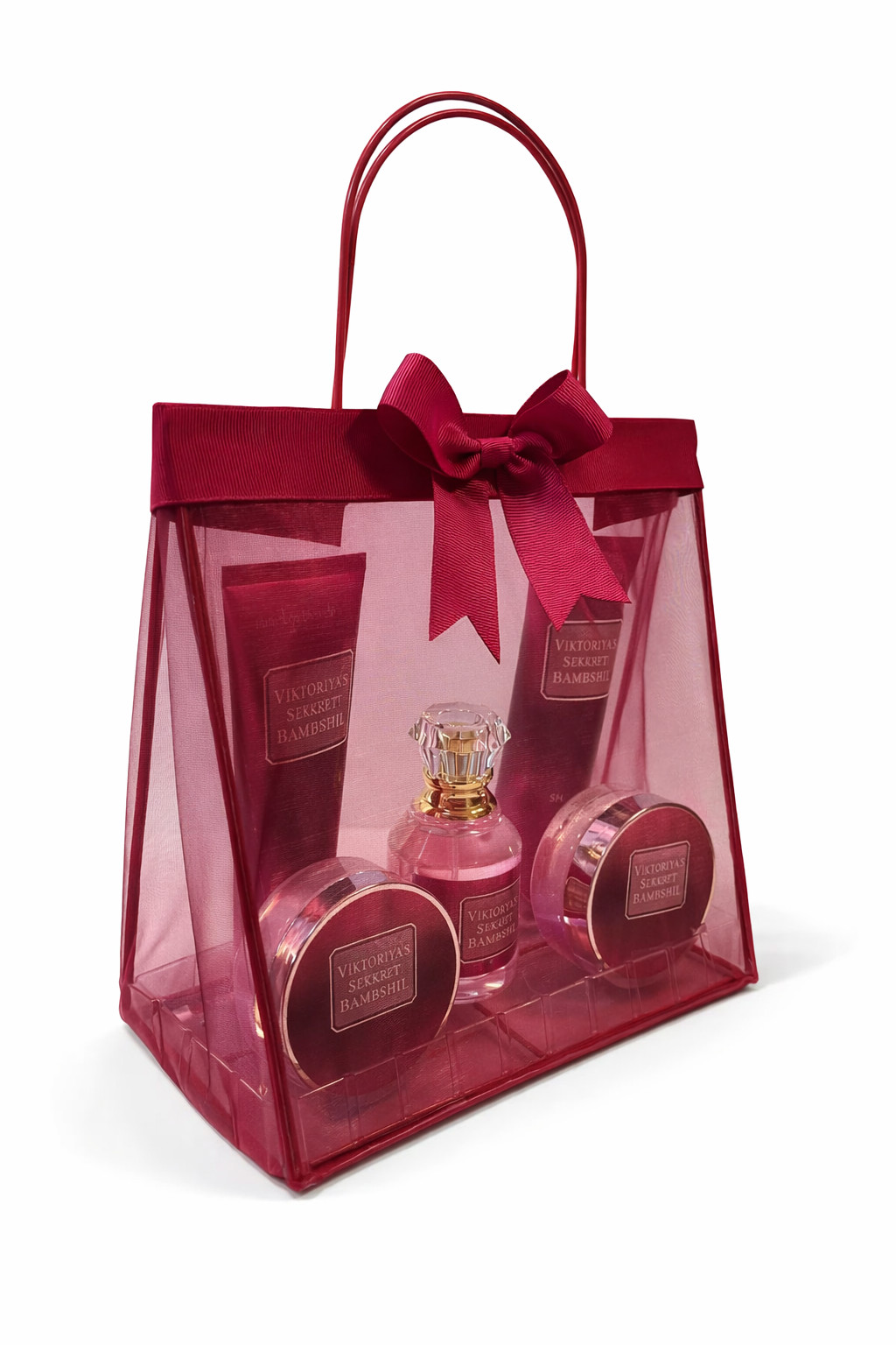 Qadınlar üçün kosmetika hədiyyə dəsti Bambshil Bordo (şampun 100 ml + duş geli 100 ml + bədən üçün skrab 50 ml + bədən üçün losyon 50 ml + ətir suyu 80 ml)