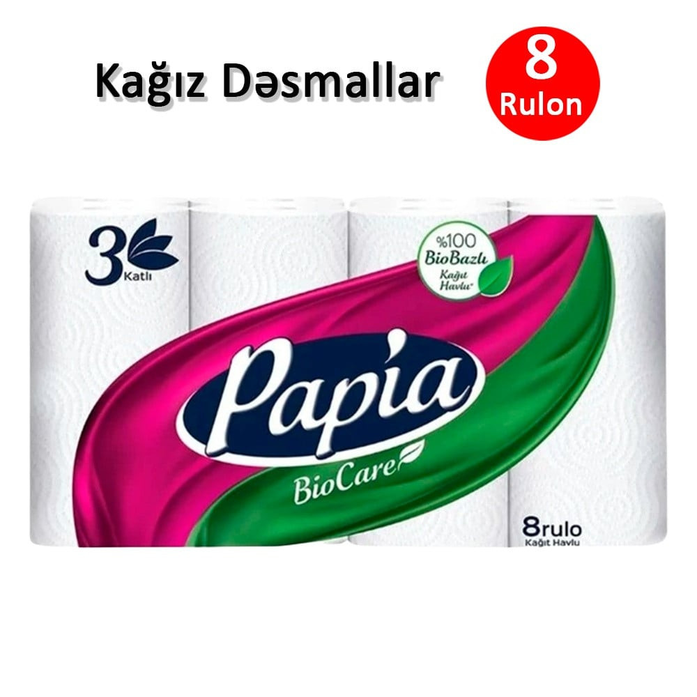 Kağız dəsmal Papia, 3 qatlı, 8 rulon