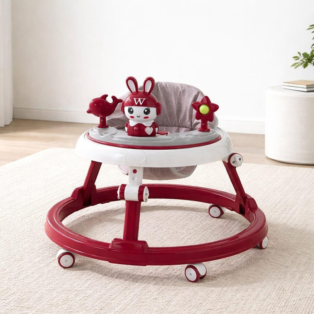 Uşaq yerimə arabası VPyer Bunny Blue W1, musiqili, oyuncaqlı panel, 360° təkərlər, tənzimlənən, 6-18 ay, qırmızı