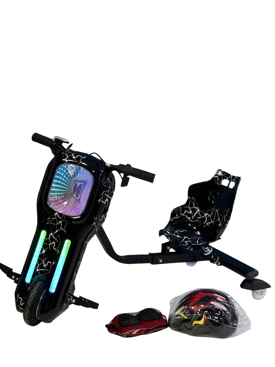 Elektrikli drift skuter, dirsəklik, dizlik və dəbilqə ilə, qara