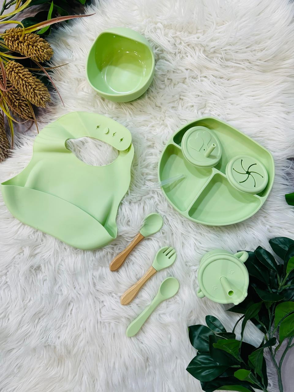 Uşaqlar üçün yemək qabları OP-7171, silikon/plastik, yaşıl, 9 parça