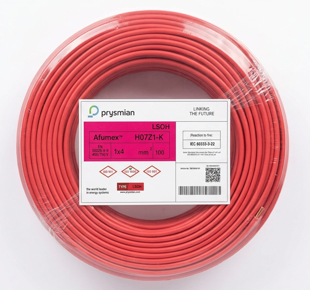 Güc kabeli Prysmian NYAF H07Z1-K 1x4 mm2, HF, qırmızı, 100 m