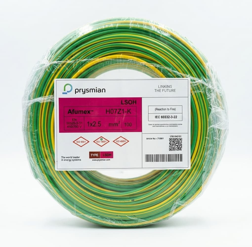 Montaj kabeli Prysmian NYAF H07Z1-K 1x2.5 mm2, 450/750V, 100 m, sarı-yaşıl