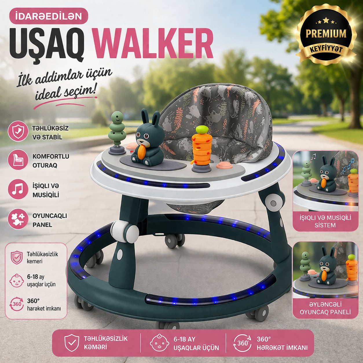 Uşaq yerimə arabası VpBABY, musiqili, işıqlı, oyun paneli, mavi, 6-18 ay