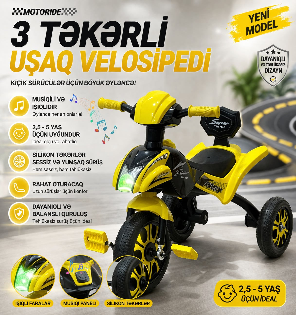 Uşaq üçün üçtəkərli velosiped Vip3Teker MotoRide Premium sarı