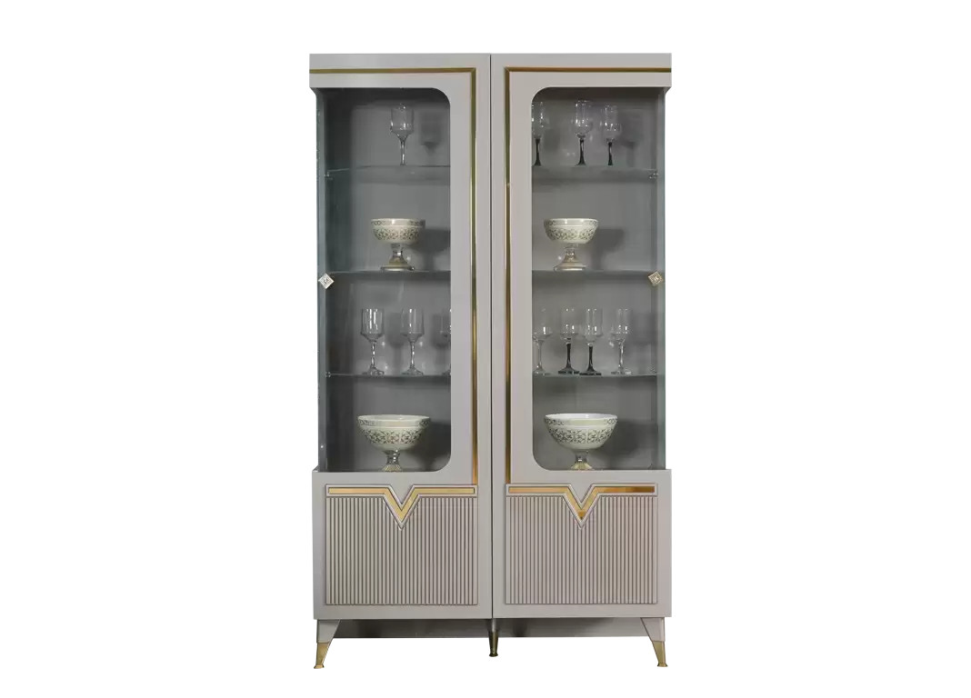 Vitrin Stil Mebel Avangard, laminat, boz/qızılı, 110x188x49 sm