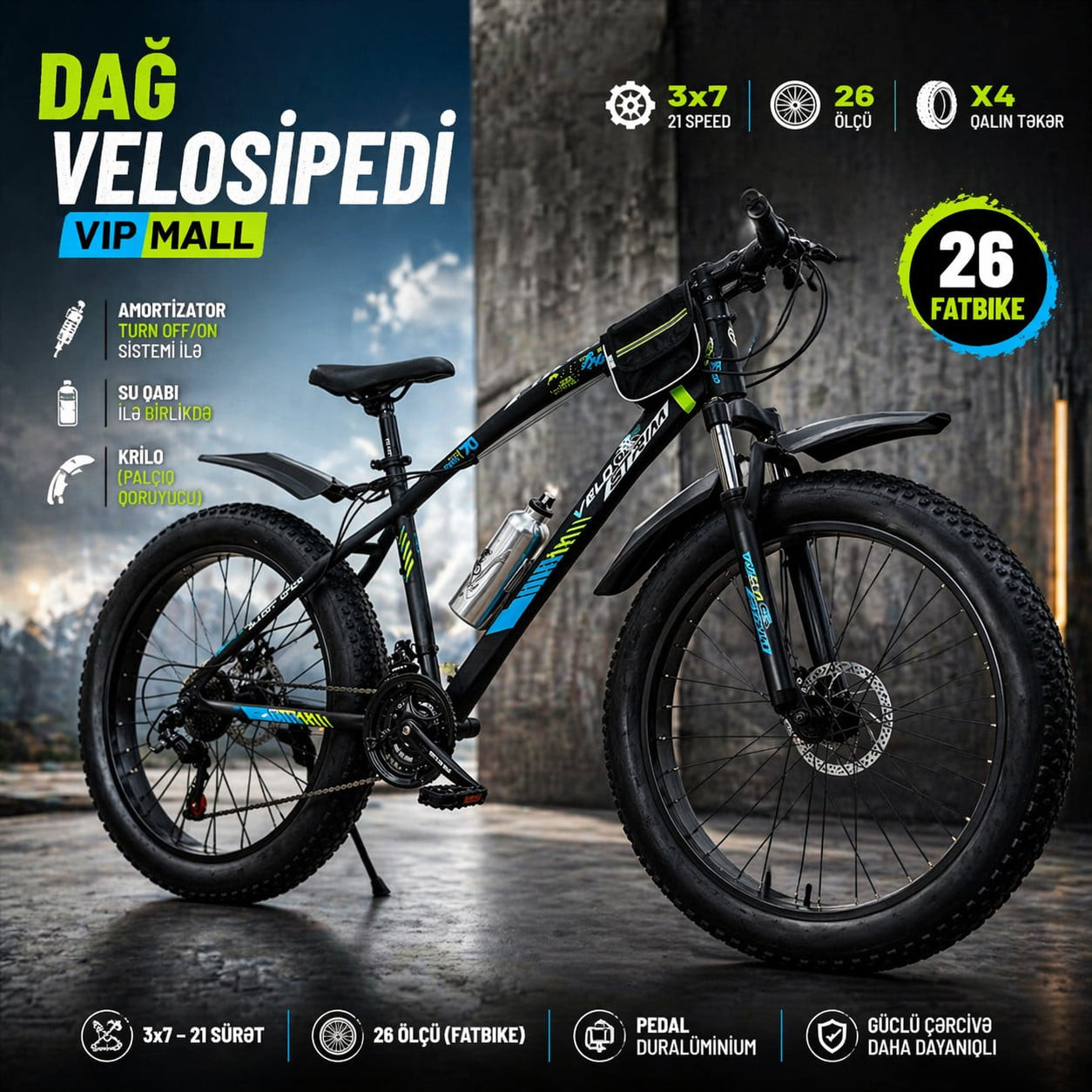 Velosiped VIPFATBIKE Fatbike 26 Qalın Təkər Göymavi