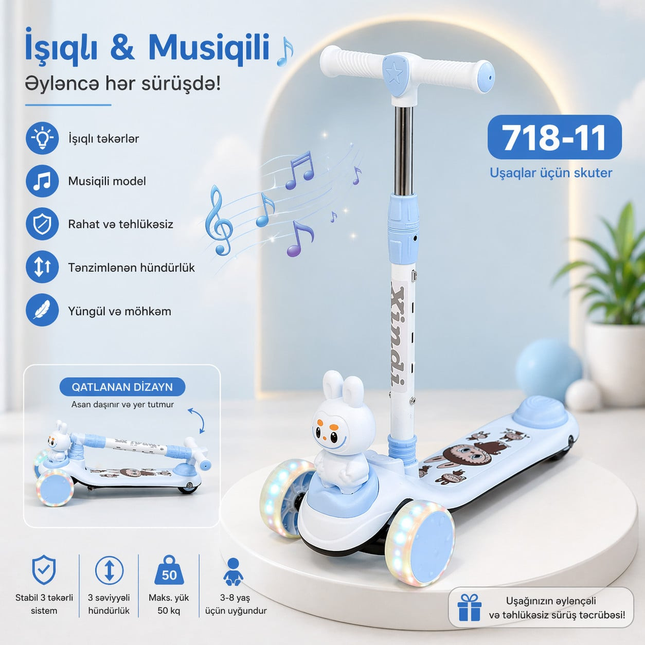 Skuter Labubu 718-11 Musiqili İşıqlı Mavi