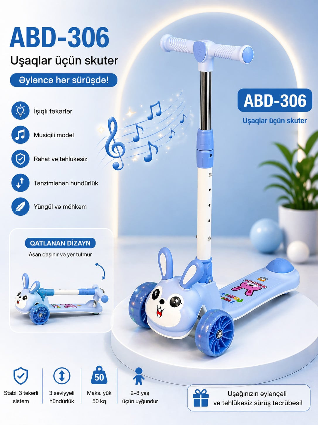 Skuter BUGSBUNNY 306 Musiqili İşıqlı Mavi
