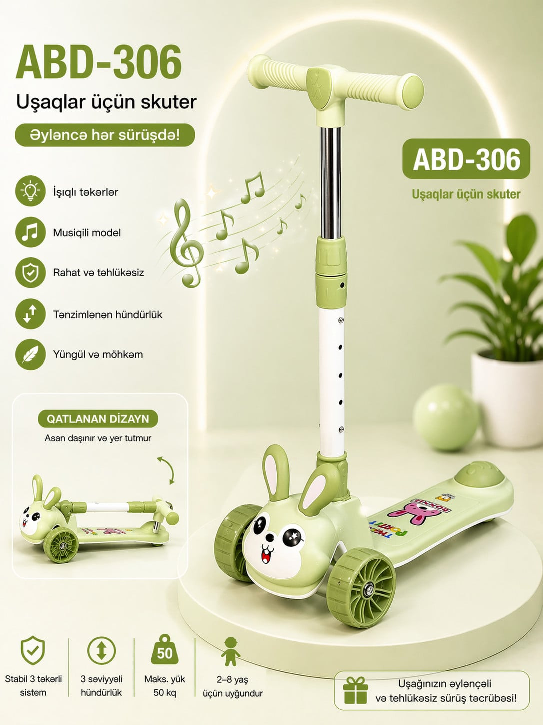 Skuter BUGSBUNNY 306 Musiqili İşıqlı Yaşıl