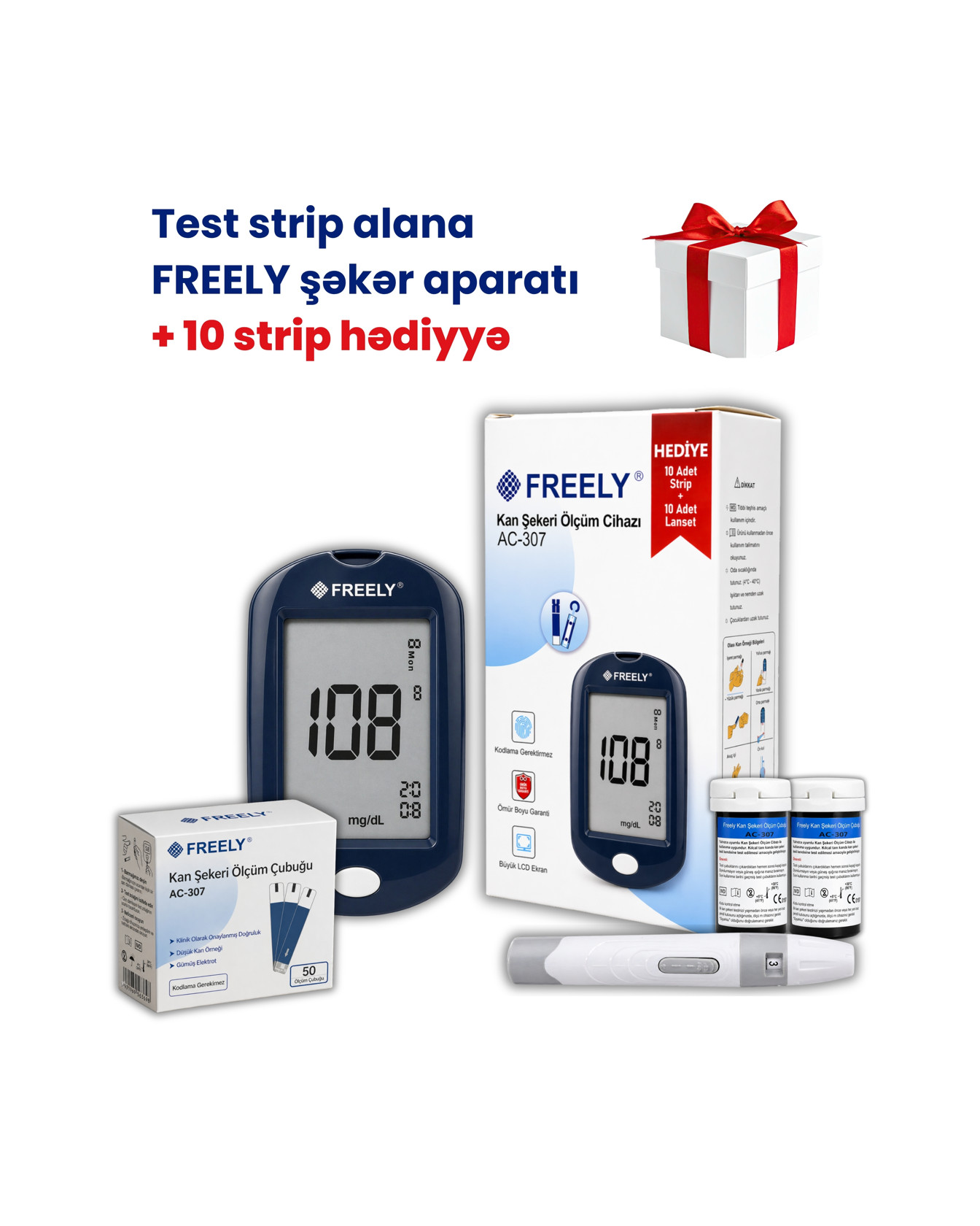 Test-zolaqları Freely şəkər ölçmək üçün Qlükometr Freely Hədiyyə