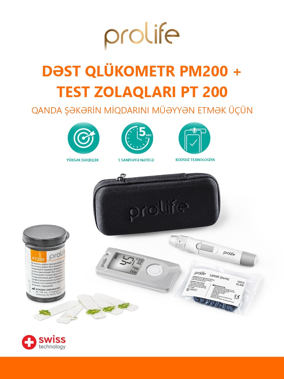 Dəst qlükometr Prolife PM200 və test zolaqları Prolife PT200, 50 ədəd
