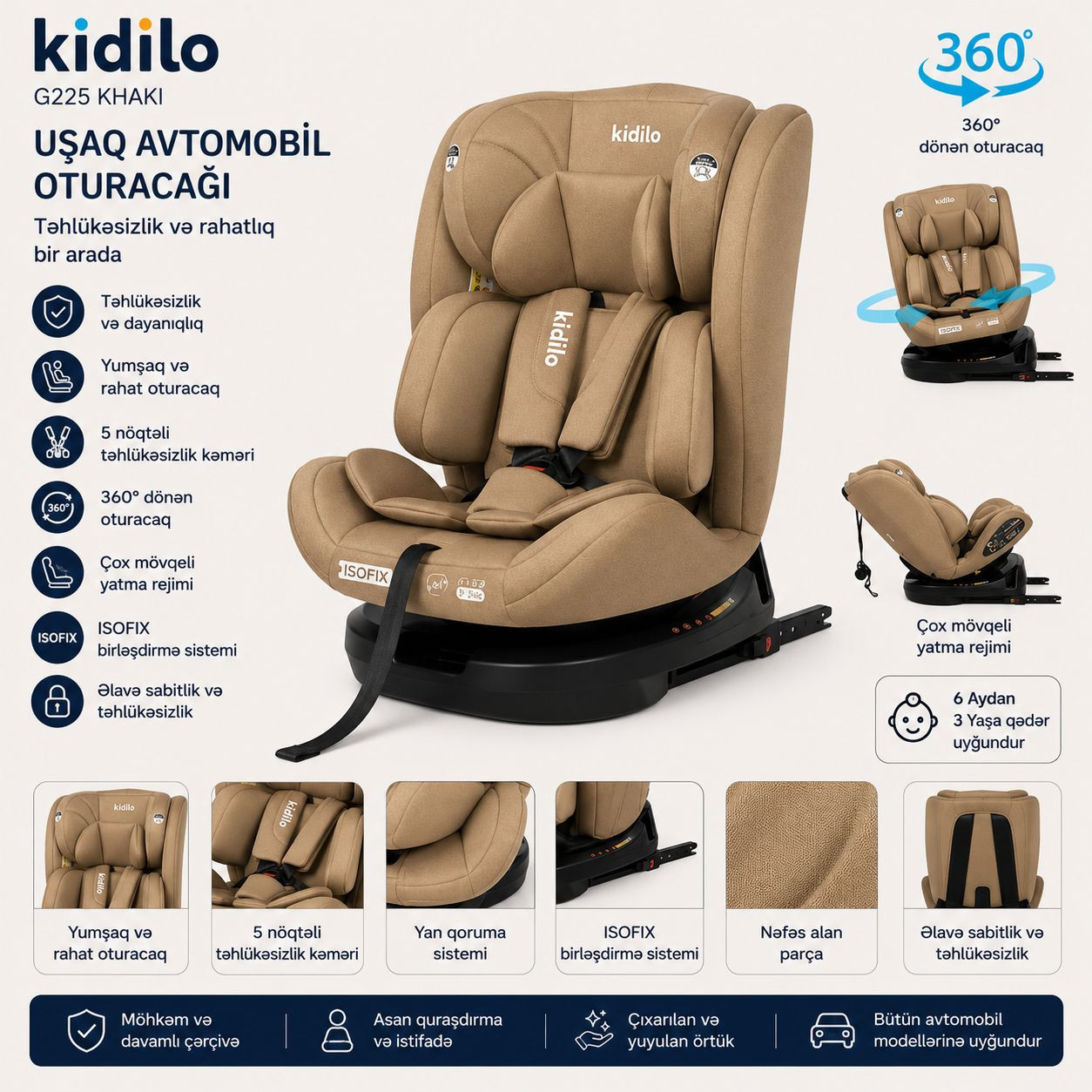 Avtomobil kreslosu Kidilo G225, xaki