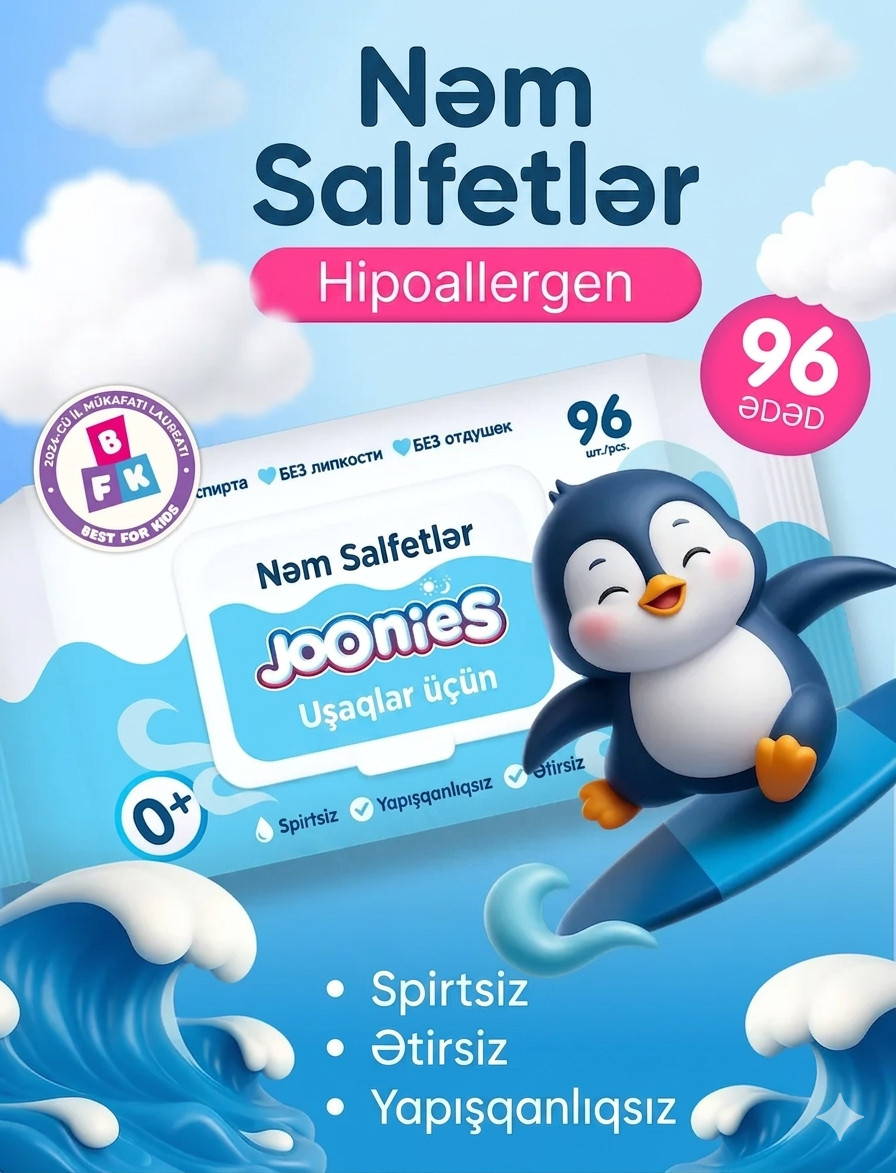 Nəm salfetləri Joonies, E vitamin ilə, 96 ədəd