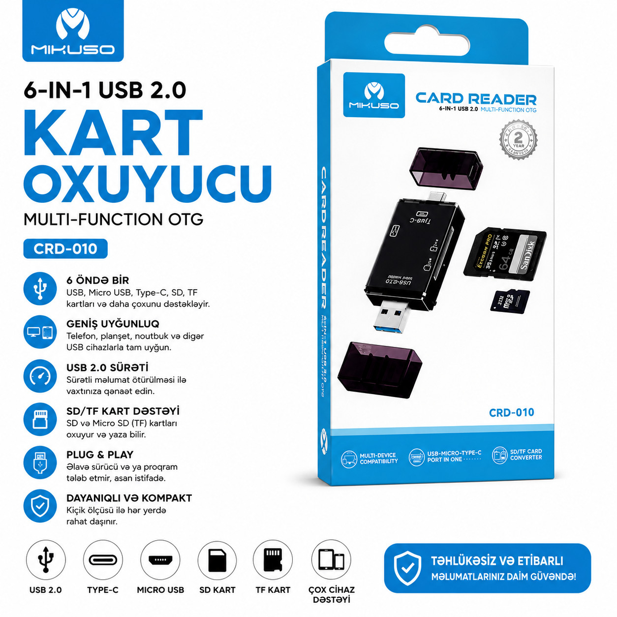 Kart oxuyucu Mikuso CRD-010 6-in-1USB/OTG/USB/TF/SD/USB-C