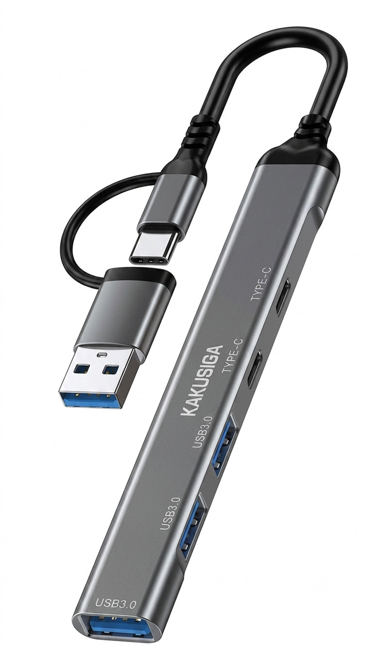 USB hub Kakusiga, USB 3.0/3.2/2.0, Type-C, qara.