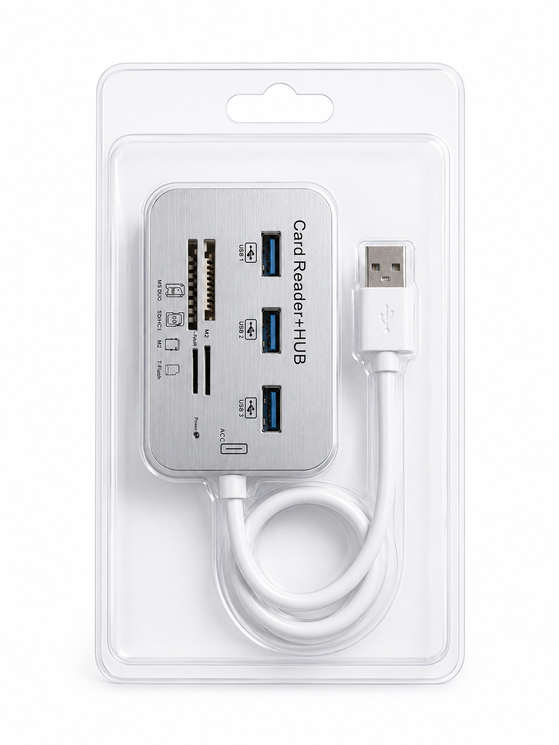 Kart oxuyucu SD/TF/M2/MS + hub 3*USB, gümüşü