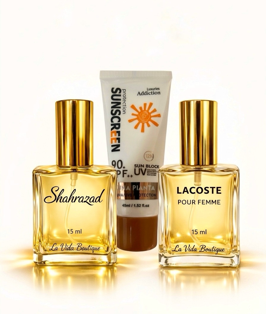 Ətir dəsti No brand qadınlar üçün (günəşdən qorunma kremi 45 ml + ətir suyu Pour Femme 15 ml + ətir suyu Shahrazad 15 ml)