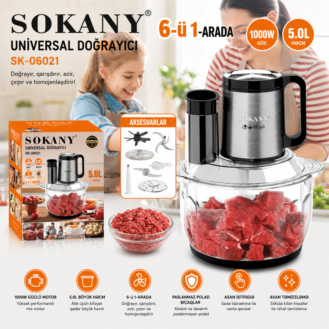 Universal doğrayıcı Sokany SK-06021, 1000 Vt, elektro-mexaniki, şüşə/metal/plastik, 5 l