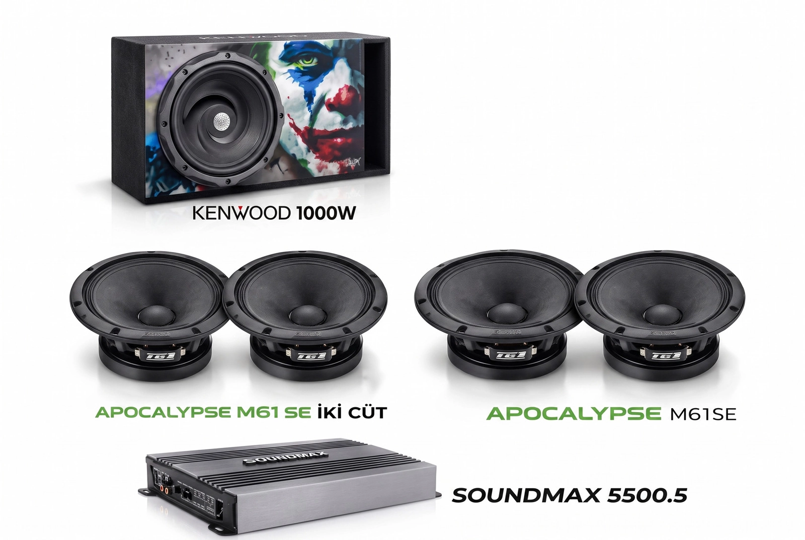 Avtomobil akustikası dəsti: 4 dinamik Deaf Bonce Apocalypse AP-M61SE Sylvester, gücləndirici Soundmax SX-5500.5, sabvufer Kenwood KFC-W3010 1000 Vt