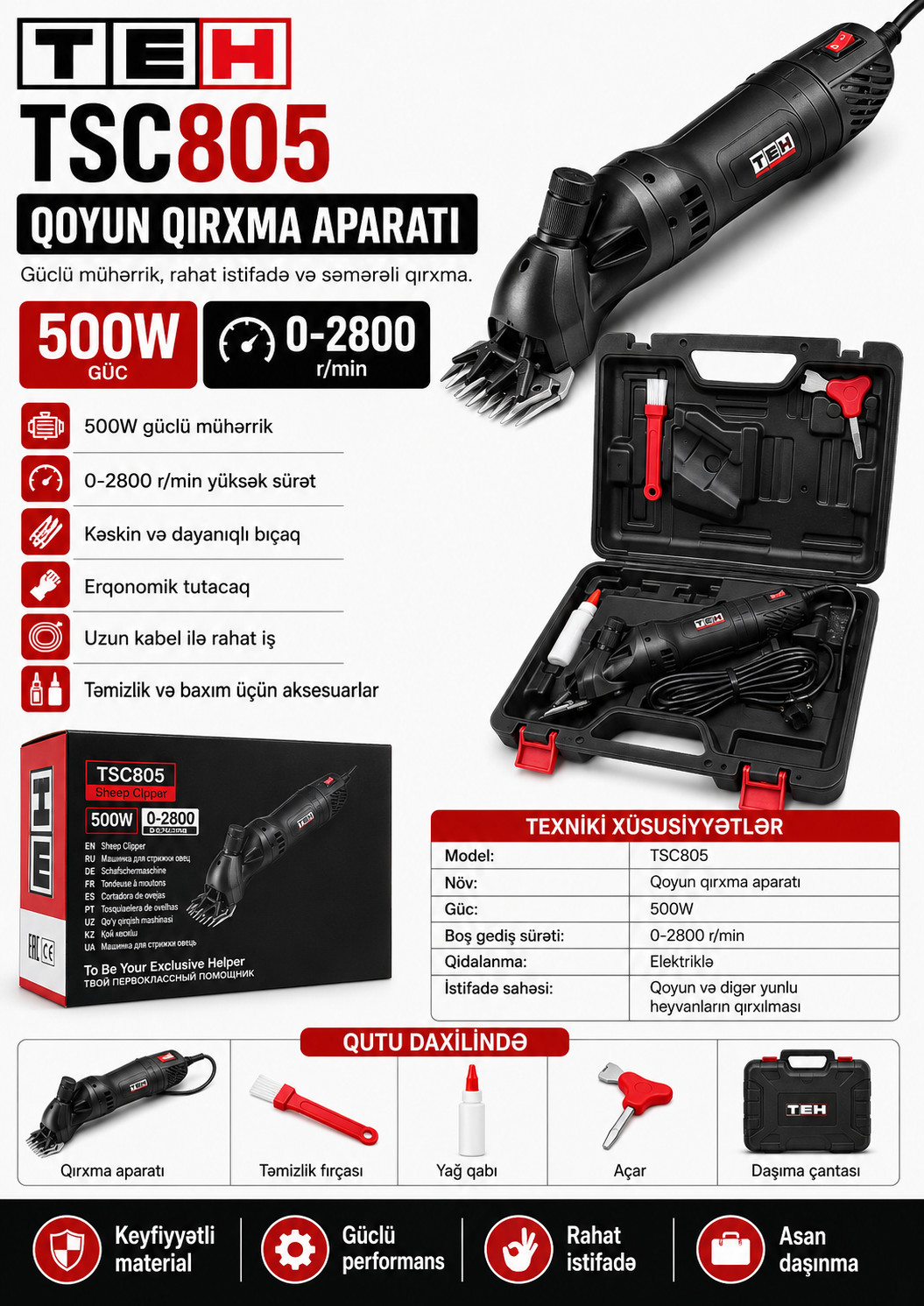 Elektrikli tük qırxan maşını TEH TSC805, 500W, 2800 dövr/dəqiqə