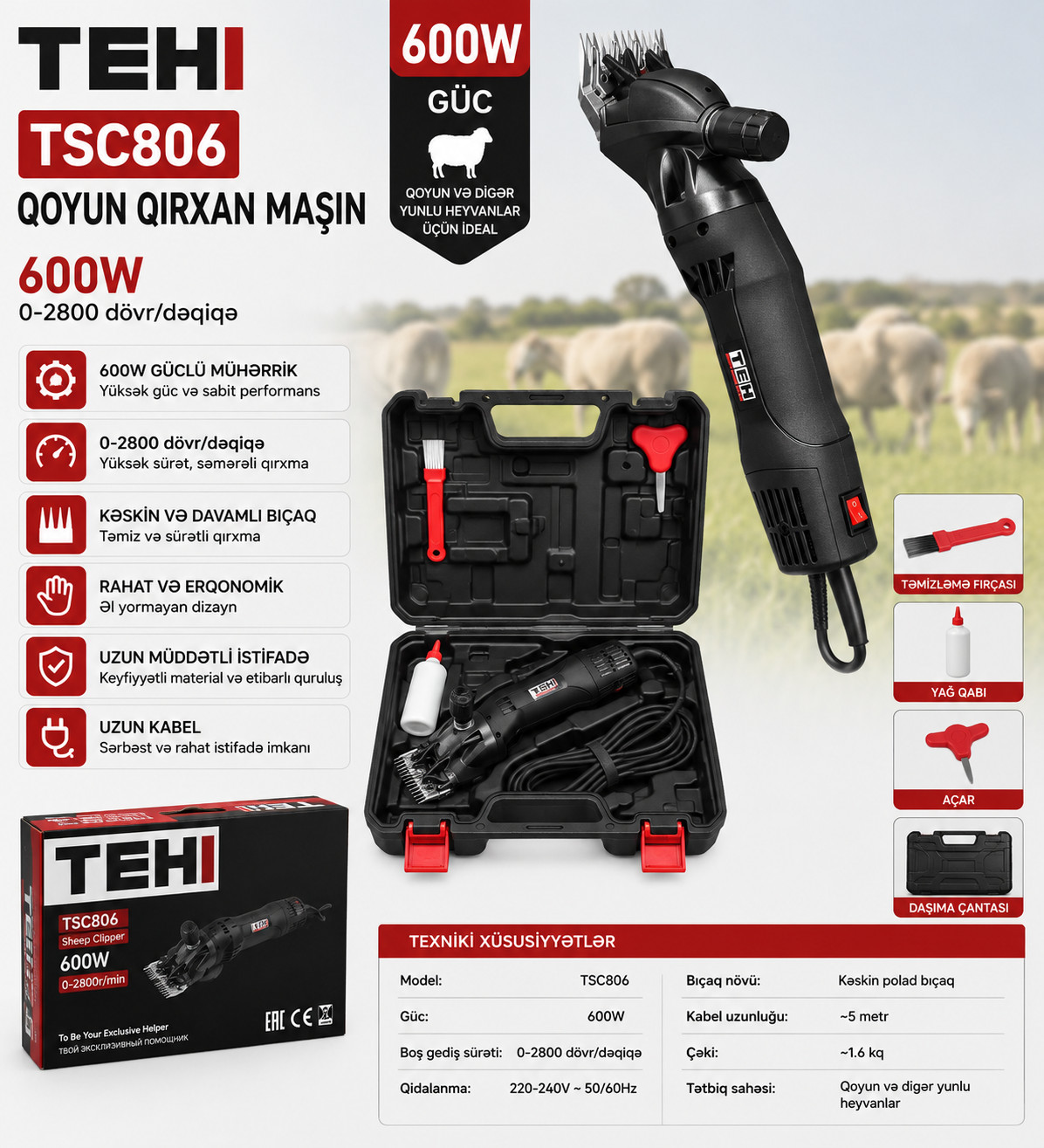 Tük qırxan maşın TEH TSC806, qara, 600 Vt