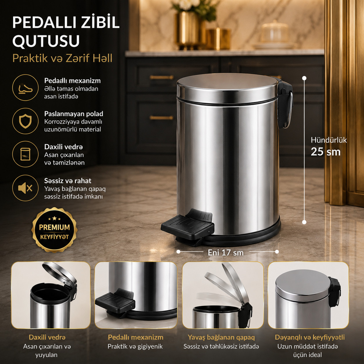 Zibil qabı No brand 001, Paslanmayan polad, Gümüşü, 5 l