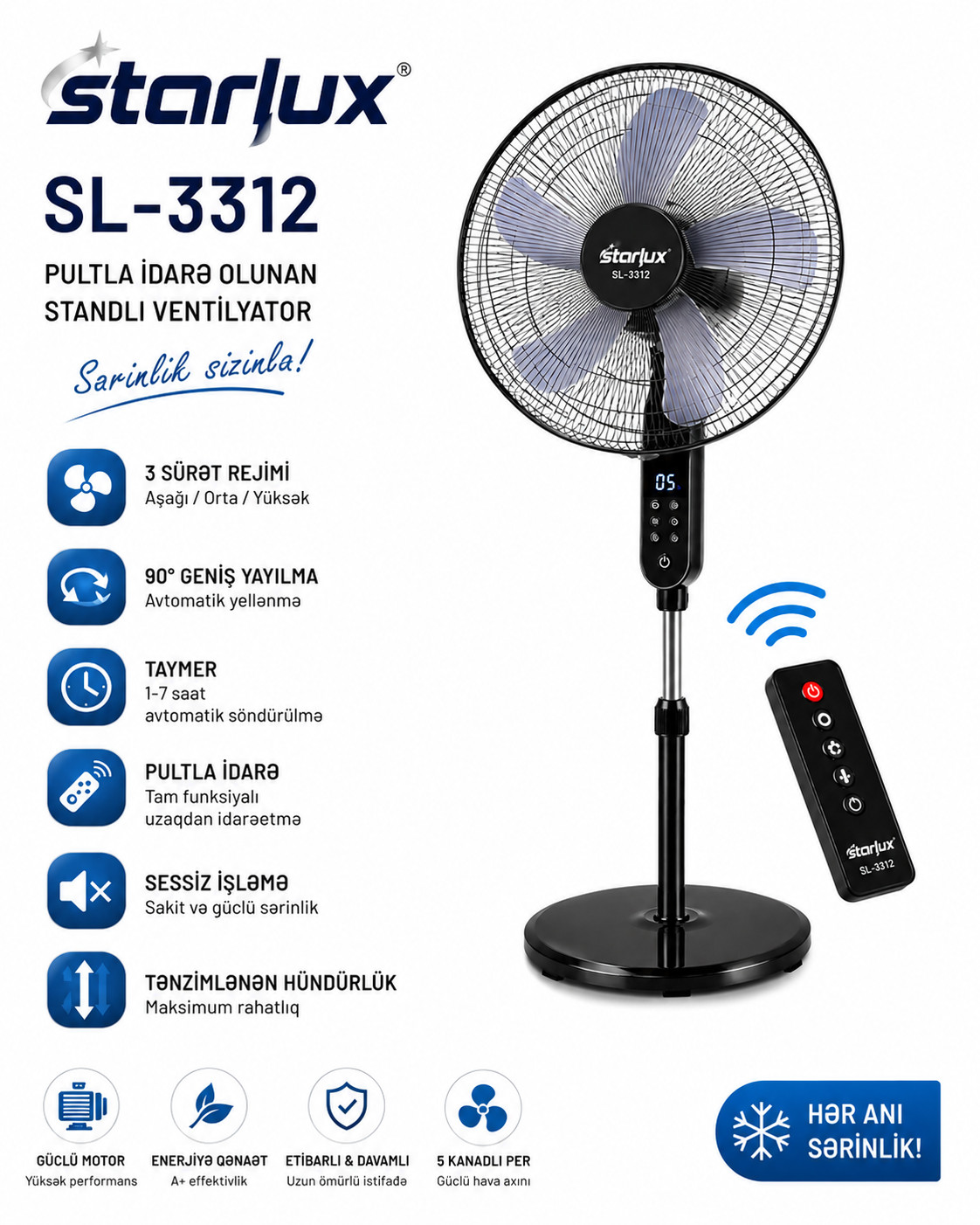 Döşəməüstü ventilyator Starlux SL-IE3312 50 W qara.