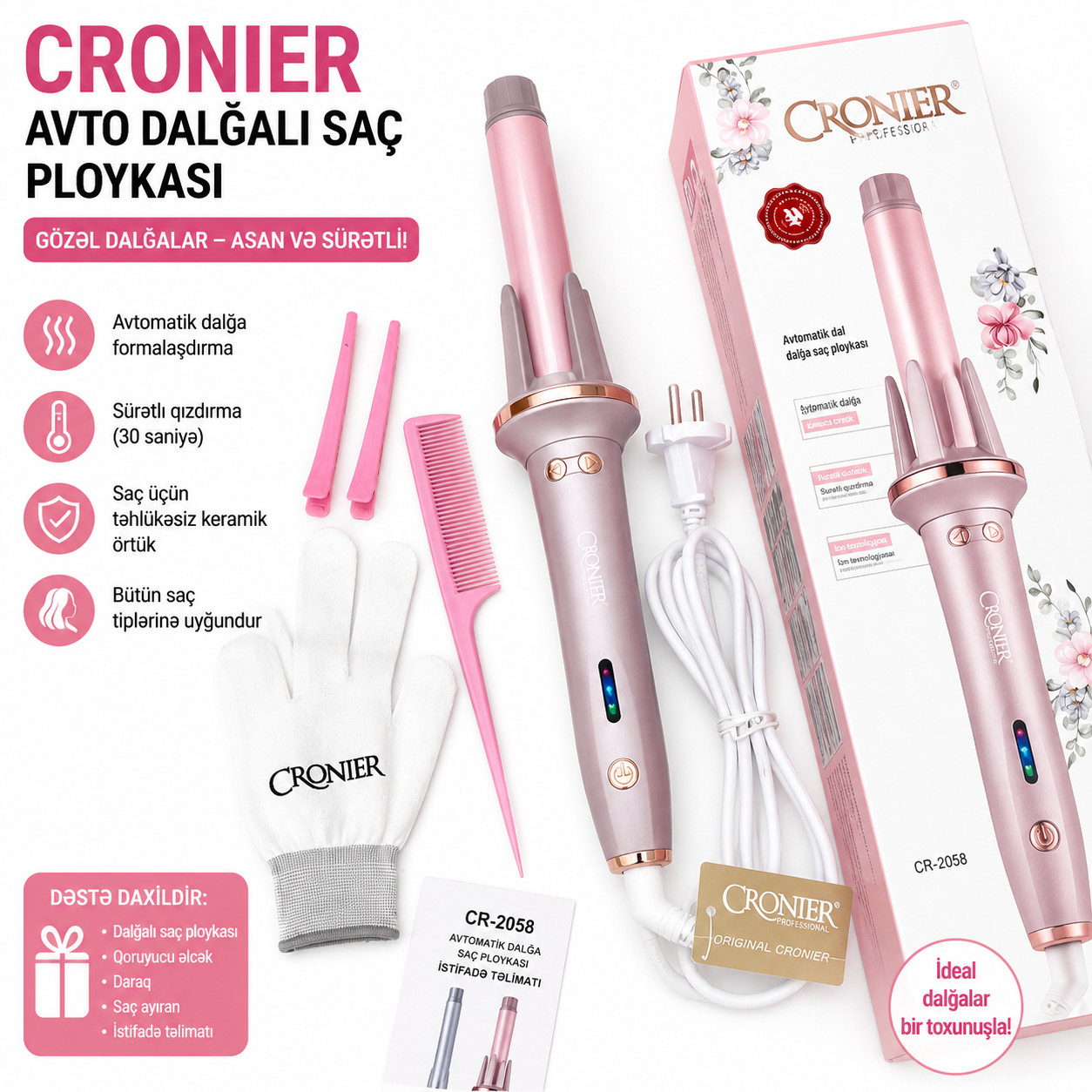 Saç burma cihazı Cronier TRNDR214124T çəhrayı 3 rejimli.