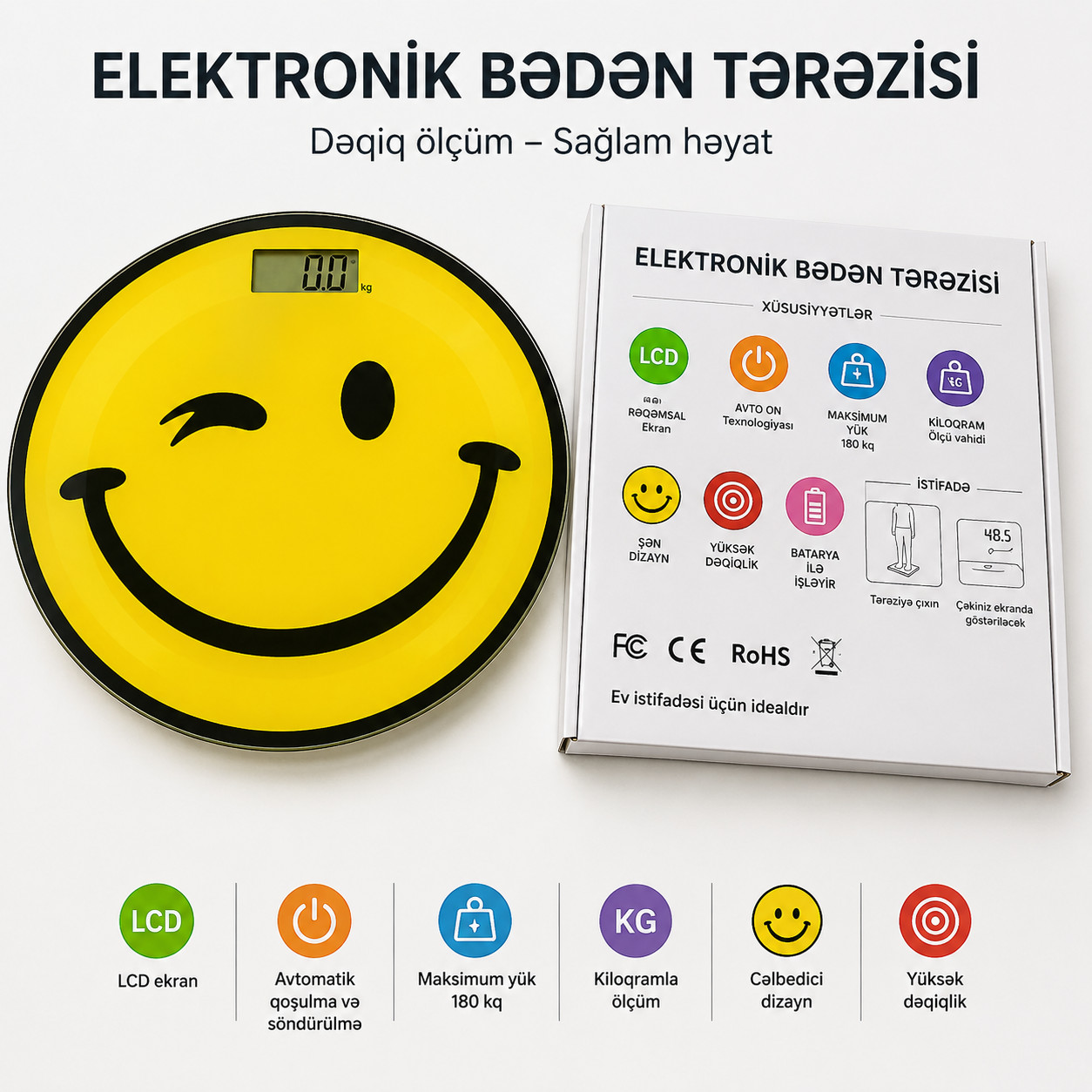 Döşəmə tərəzisi Elektron, Displey, Otaq temperaturu/Batareyanın aşağı səviyyəsi/Bədən çəkisi, Sarı