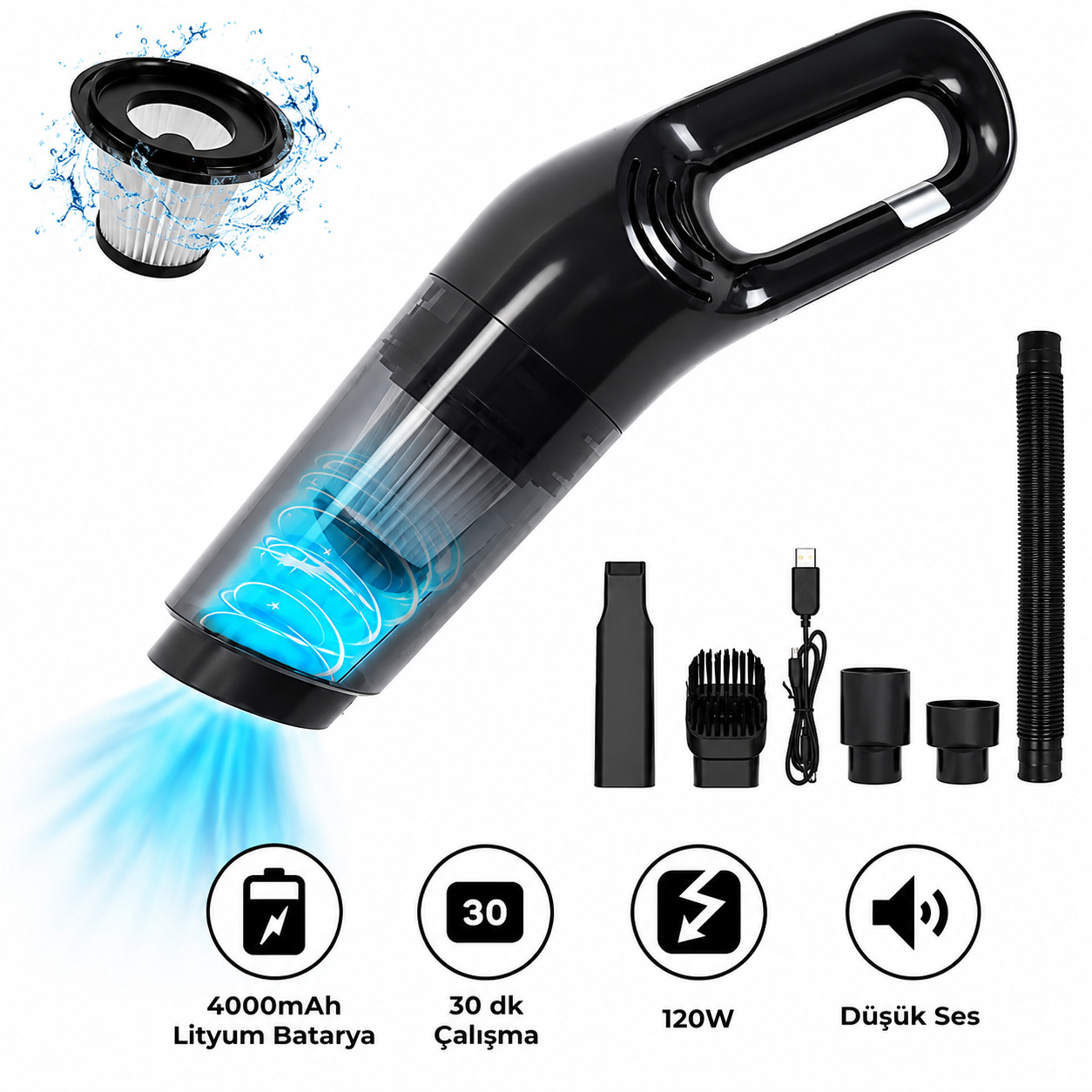 Avtomobil üçün tozsoran, 120 Vt, qara