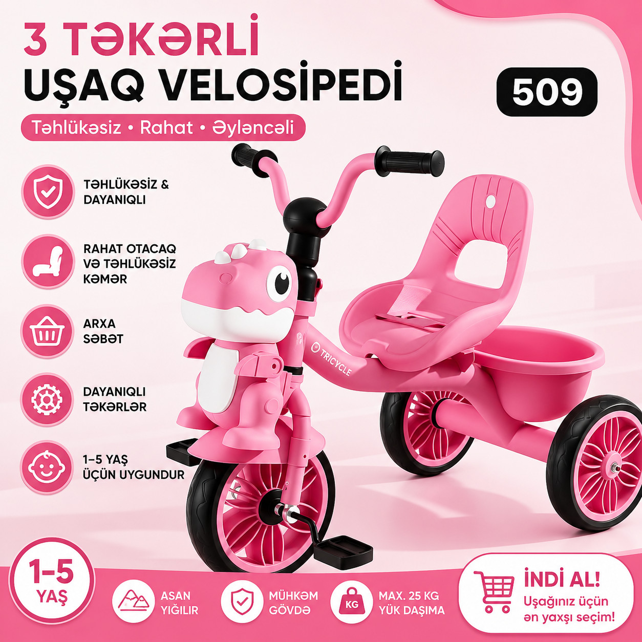 Uşaq üçtəkərli velosipedi T509 çəhrayı