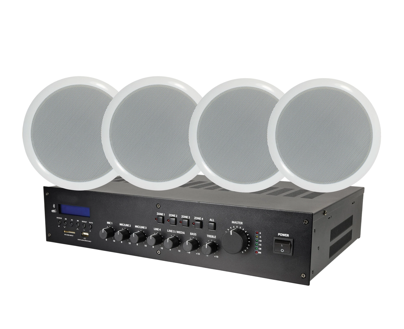 Akustik sistem: gücləndiri Next MP-5050 və 4 dinamik Next CLS-506 (ağ)