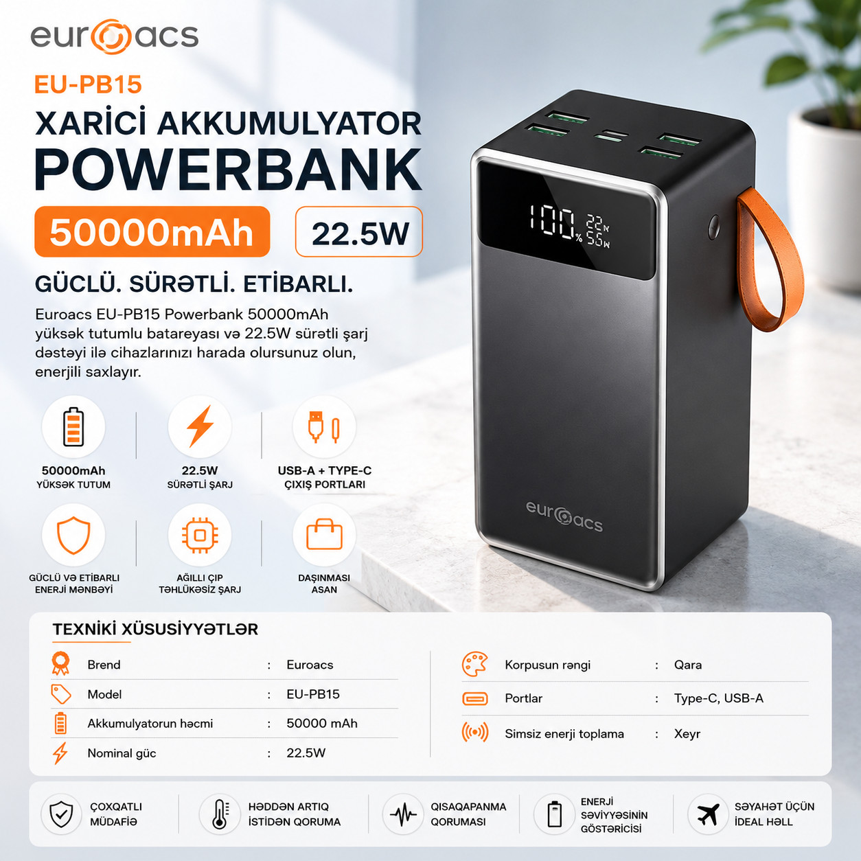 Xarici akkumulyator Euroacs EU-PB15 50000 mAh, boz