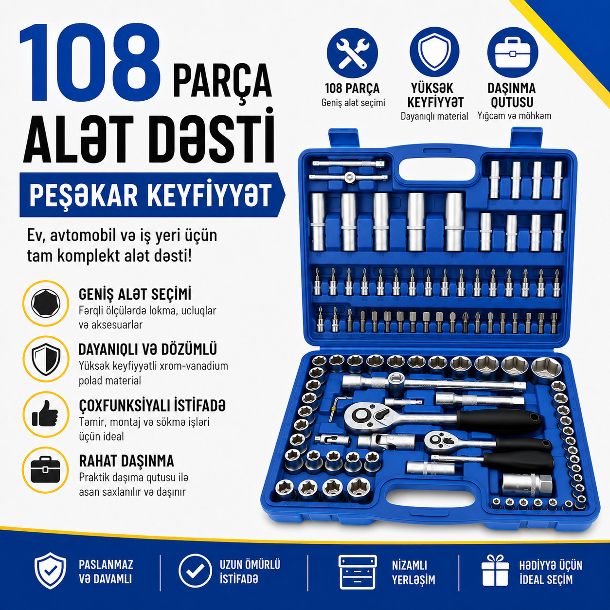 Avtomobil üçün açarlar dəsti 108 ədəd.