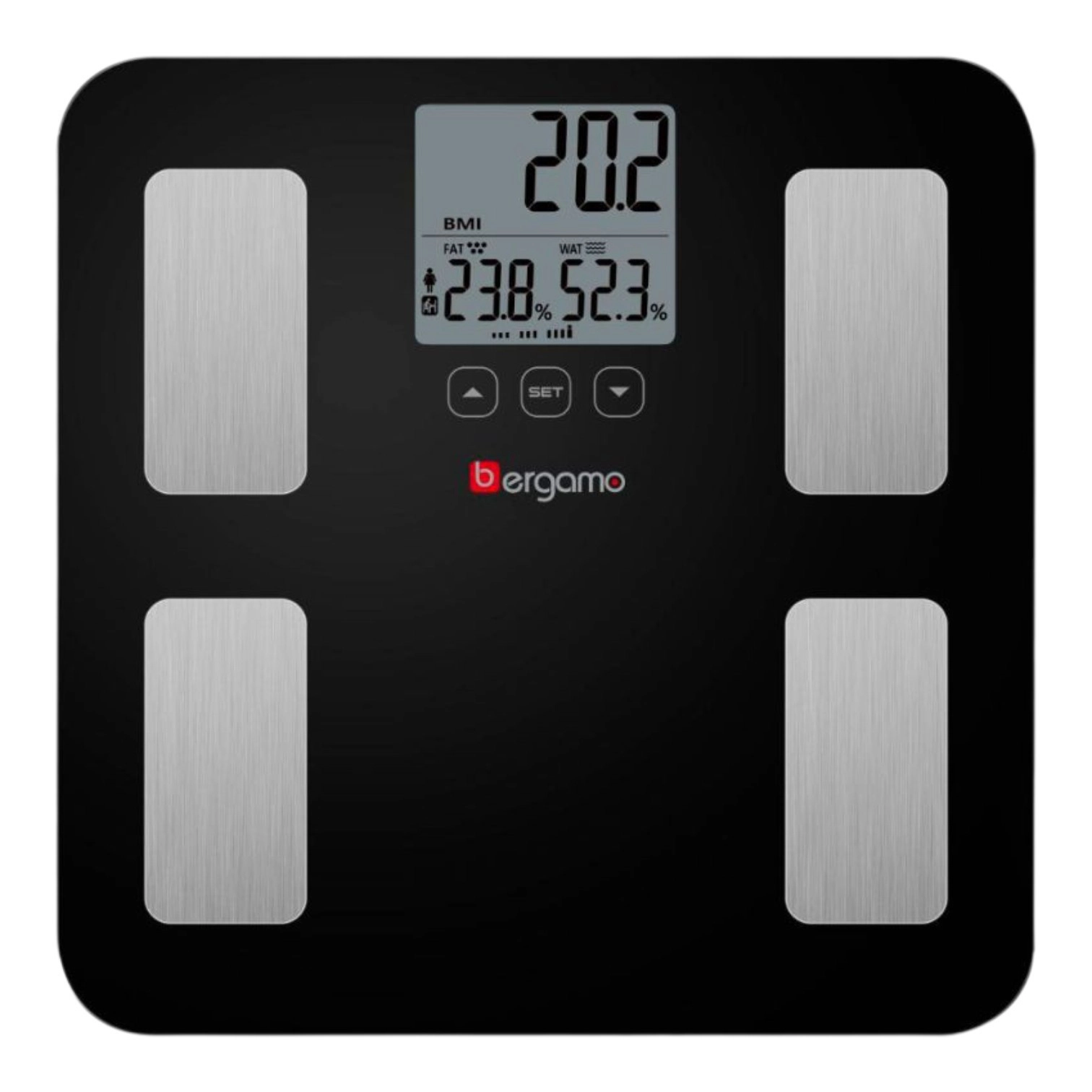 Döşəmə tərəzisi Bergamo BG-BS6720CBF, Elektron, Displey, Bədən çəkisi, Piy parçanın payının təyini, Su payının təyini, Həddindən artıq yük, AAA batareyalar, Qara
