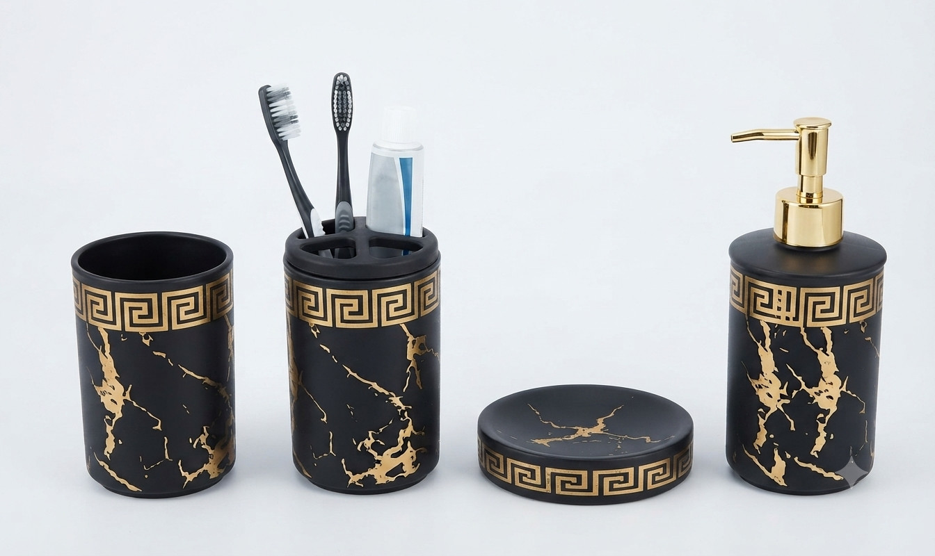 Hamam otağı dəsti T8111, 4 ədəd, qara/qızılı, plastik