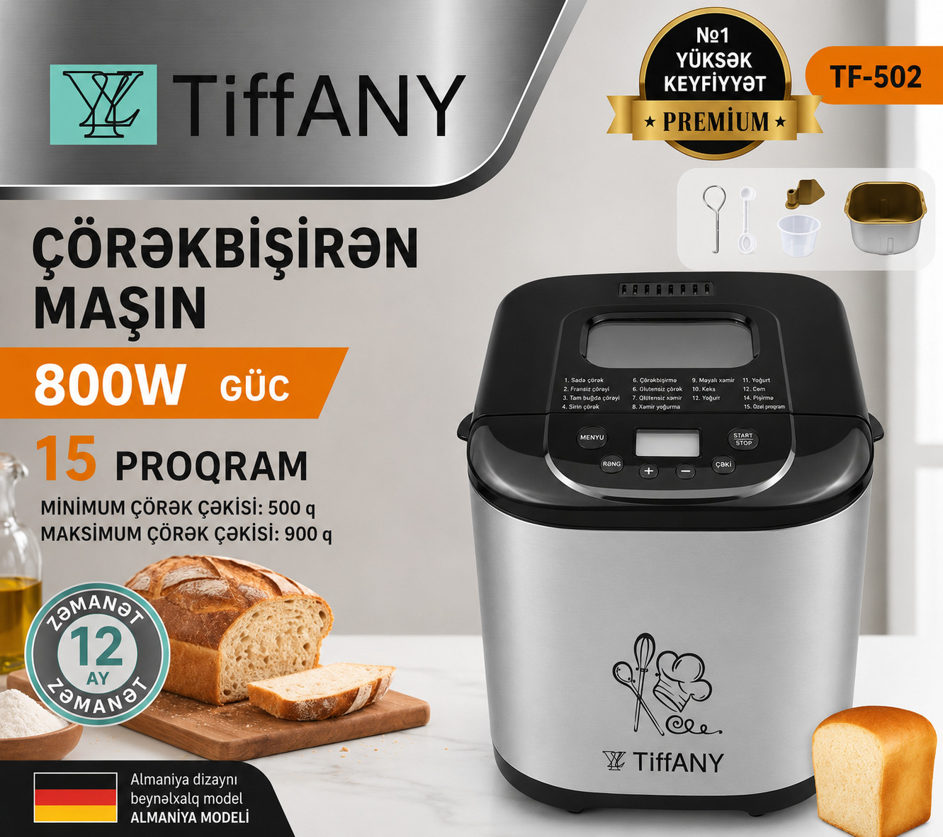 Çörəkbişirici TIFFANY TF-502, 800 Vt, Gümüşü
